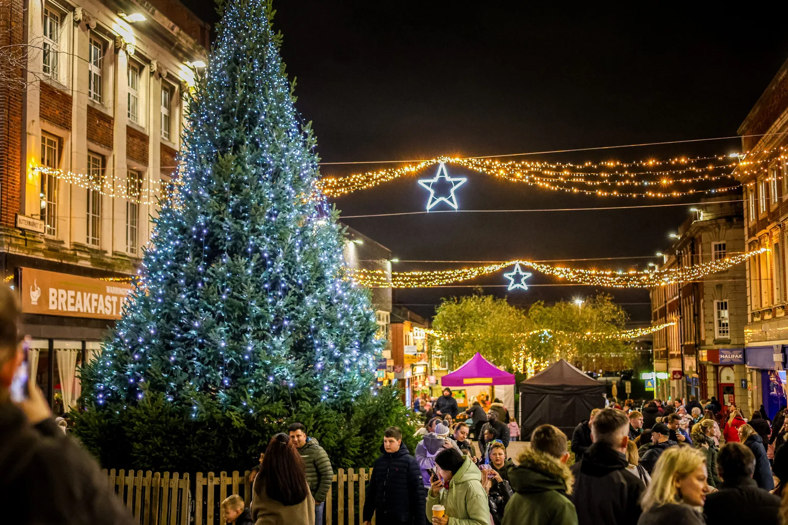 Christmas lights and the tree in Warrington town centre, from Warrington BID's Christmas pages