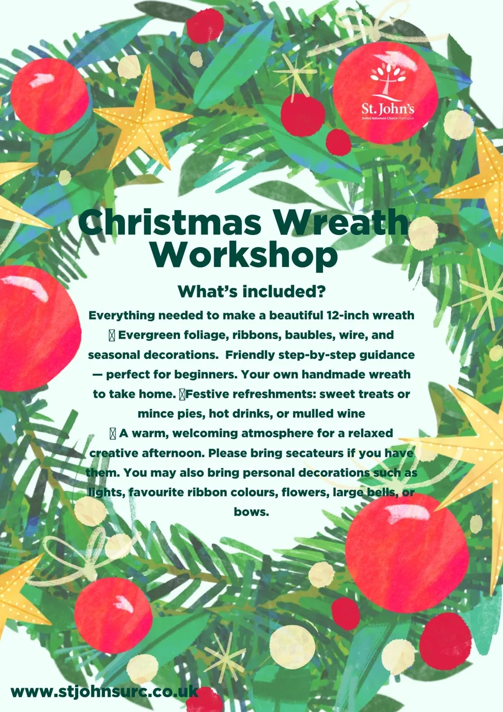 Back of the St John's URC Christmas Wreath Workshop poster, listing what is included: materials for a 12-inch wreath, step-by-step guidance, refreshments, and a note to bring secateurs