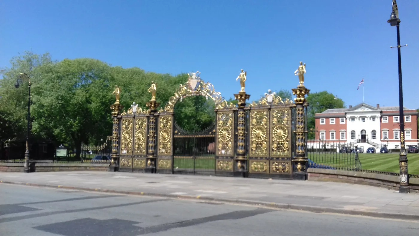The Golden Gates in front of Warrington Town Hall, Sankey Street